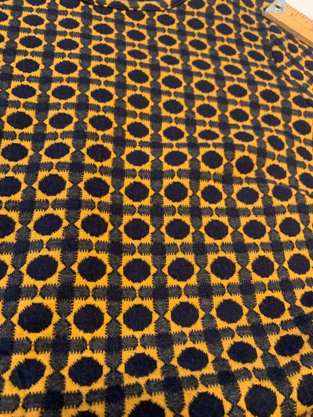 LOFT Geometric Print Shift Dress Mustard Navy Short Sleeve Small Boho Retro - Picture 6 of 10